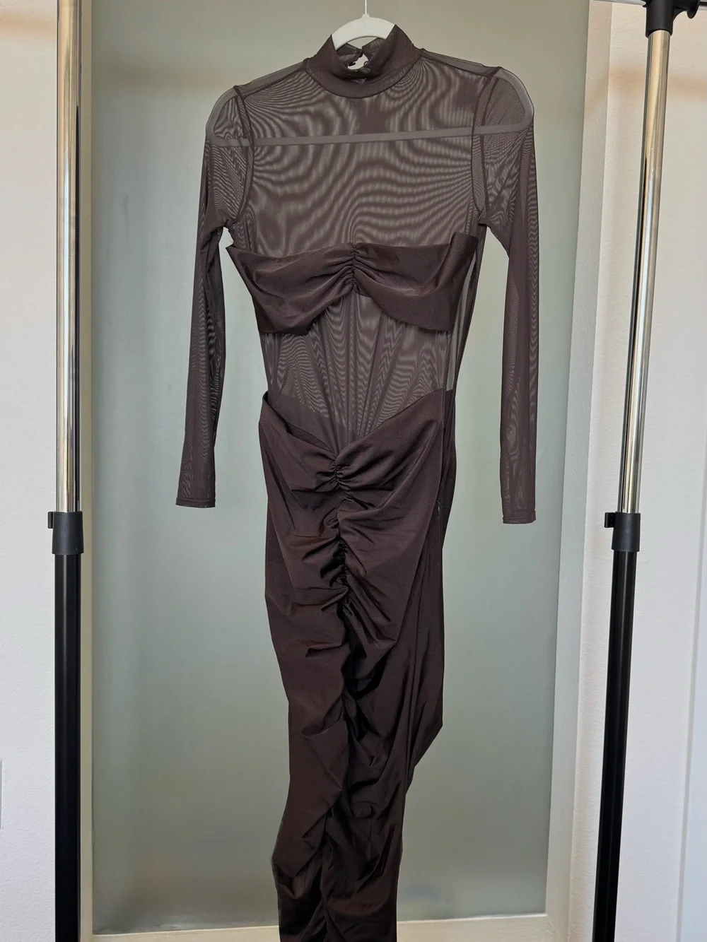 SER.O.YA Levina Mesh Ruched Maxi Dress Brown M - Picture 6 of 10